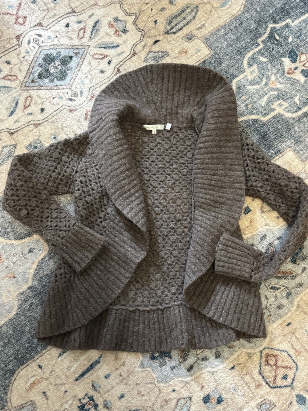 Vince Brown/plumb Shawl Collar Open Knit Cardigan, xs